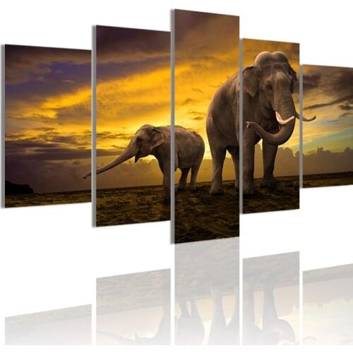 Elephant Family at Sunset 5 Panels HD Canvas Painting Posters Wall Art Print Pictures for Living Room Interior Home Decor Frame
