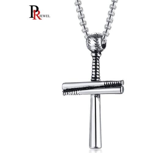 Sports Baseball Bar Necklaces for Men Silver Color Tone Stainless Steel Cross Pendant Necklace Male Gifts