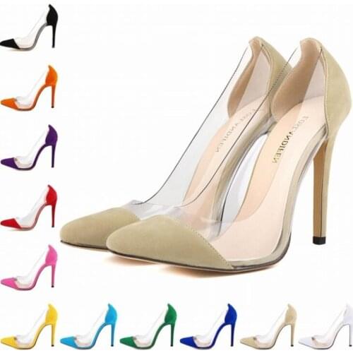 Women pumps Faux Suede Transparent high heels women shoes 11cm Pointed Toe Thin Heels wedding platform ladies shoes