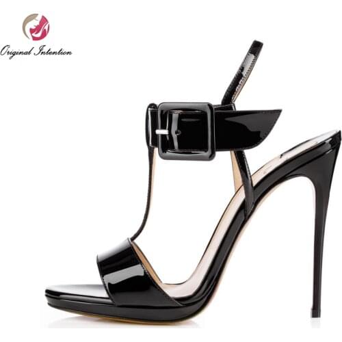 Original Intention High-quality Women Sandals PU Leather Sexy Open Toe Thin Heels Party Sandals Black Shoes Woman Plus Size 4-15
