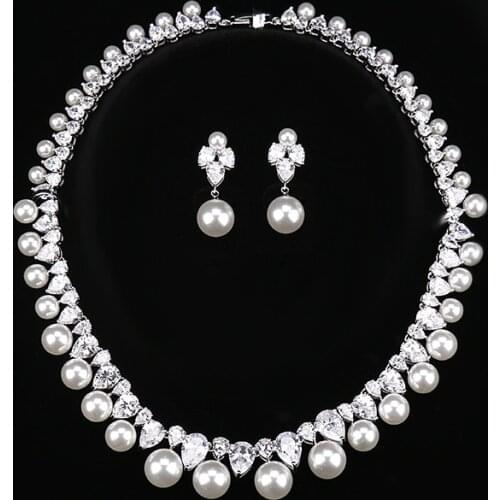 HIBRIDE Fashion Design AAA Cubic Zirconia Length 42cm Necklace Pearl Pendant White Gold Color Women Bridal Jewelry Sets N-167