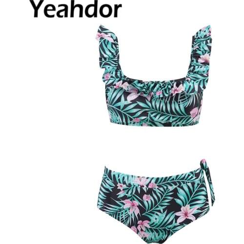 2021 Women Summer Swimwear Swimming Suit U Neck Sleeveless Open Back Crop Top and Briefs with Sash Tie Side Beach Bathing Set
