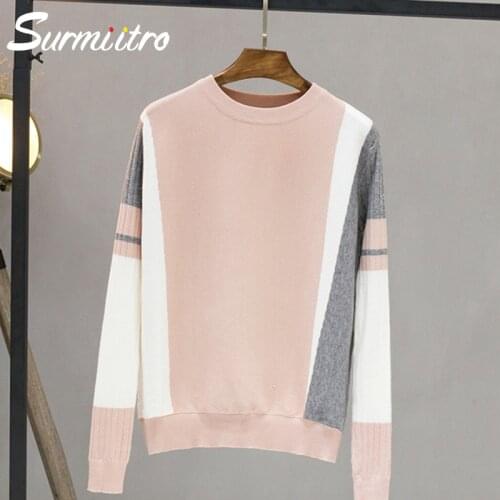 SURMIITRO Sweater Female 2021 Autumn Winter Fashion Long Sleeve Patchwork Knitted Jumper For Women Pullover Knitwear Pink