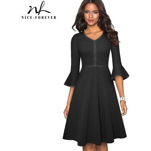 Nice-forever Autumn Elegant Pure Color with Flared Sleeve Dresses Cocktail Party Women Swing A-line Dress A221