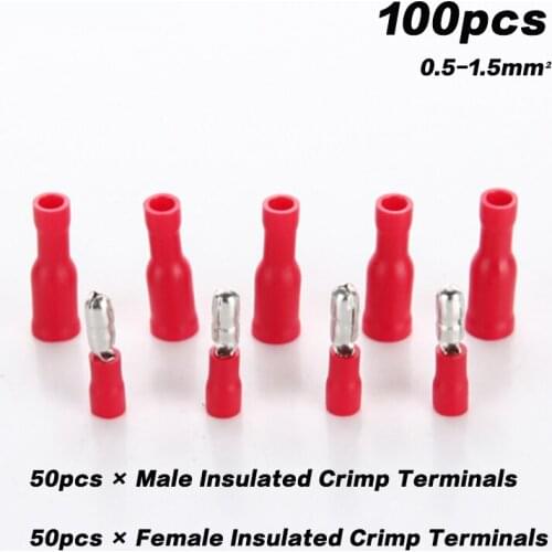 100pcs 22-16awg cable Red Male Female Bullet Insulated Connector Crimp Terminals Wiring Cable Plug FRD1.25-156 MPD1.25-156 Hot
