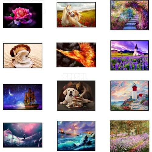 Diamond Painting Still Life Pink Rose Purple Lavender Lighthouse Shell Horse Phoenix Seascape Pet Dog Starry Sky Decor Pictures