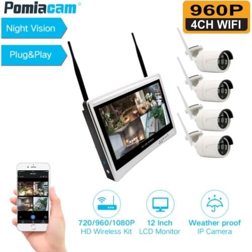 12 Inch LCD Monitor Wireless NVR CCTV Security Camera System 4CH 960P H.265 WiFi NVR Kits 4 Channel CCTV Surveillance Kit