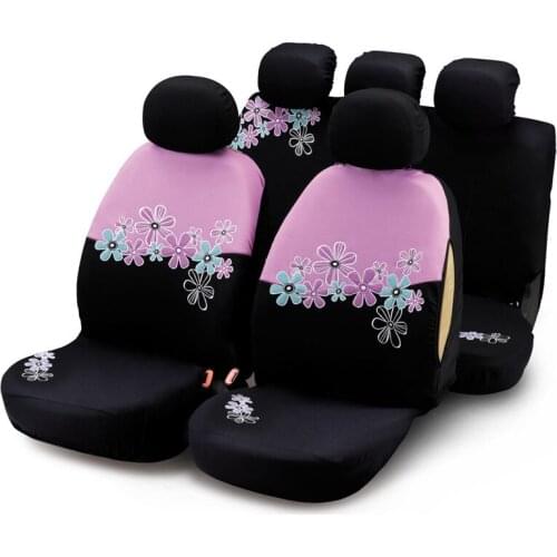 1set/9pcs Car Seat Covers For Women Universal Fit Most Cars And Airbag Compatible Pink Color With Flower Embroidery