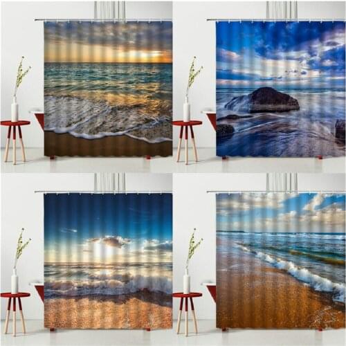 Scenery Shower Curtain Set Sandy Beach Seaside Reef Waterproof Polyester Fabric Bathtub Decoration Bedroom Curtain