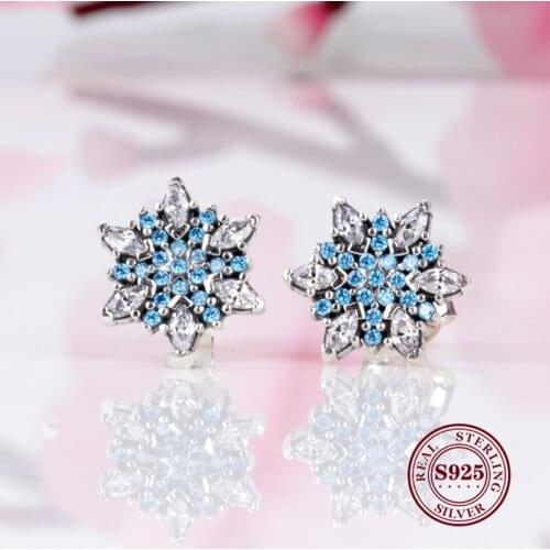Original 925 Sterling Silver Sparkling Sea Blue Zircon Earrings Blue Snowflake Earrings Fashion Versatile Snowflake Earring