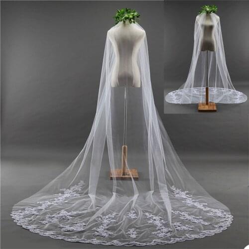 3m One Layer Wedding Veil With Comb White Lace Edge Bridal Veils Ivory Appliqued Cathedral Wedding Veil