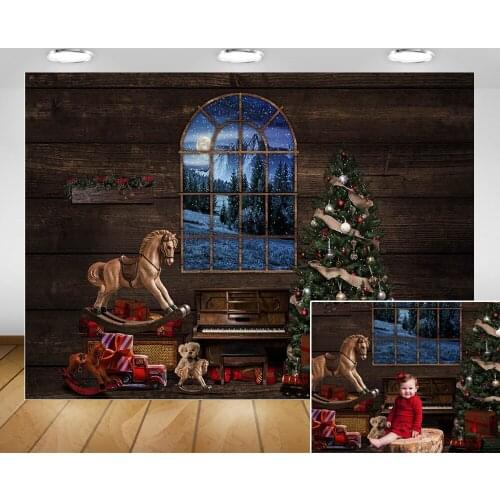 Photography Background Christmas Windows Brown Wood Wall Background Christmas Trees Gifts Piano Photocall Winter Snow Forest