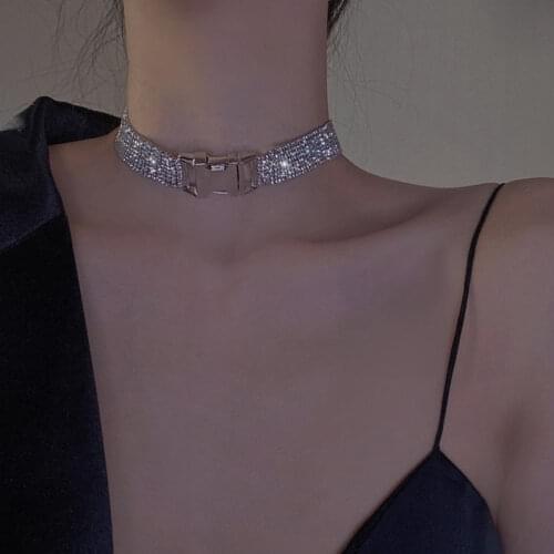 French Retro Bling Bling Rhinestone Wide Chokers Necklace for Women Silver Color Metal Belted Chunky Chain Necklaces Jewelry