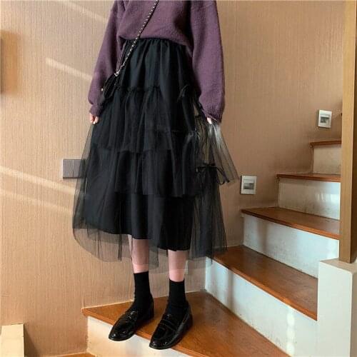 Ginzagirl Mesh Mid-Calf Lace Up Fairy Skirt All-Match Sweet Lady Korea Fashion Newst Elegant Faldas Voile Princess Dress Chic
