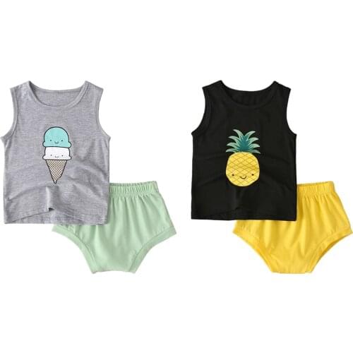 Cute Kids Summer Clothes Set Baby Boys Girls Cotton Cartoon Printing Round Collar Sleeveless Tops Solid PP Briefs