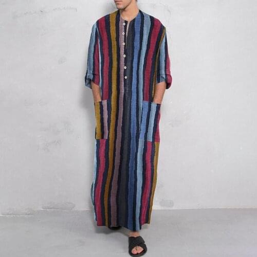 2021 Summer Islamic Arabian Kaftan Mens Muslim Long Sleeve Cotton Striped Suit Middle East Dubai Abaya Retro Mens Robe