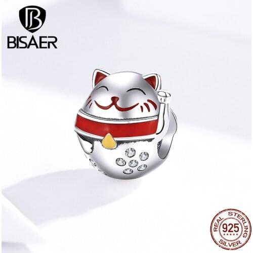 Lucky Beads BISAER 925 Sterling Silver Cat Metal Charm Guardian Maneki Neko Metal Beads fit Bracelets Bangles Jewelry ECC1374