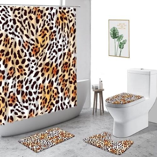 Fashion Gray Leopard Print Waterproof Shower Curtain Creative Flowers Stripe Bathroom Decor Set Non-Slip Carpet Toilet Cushion