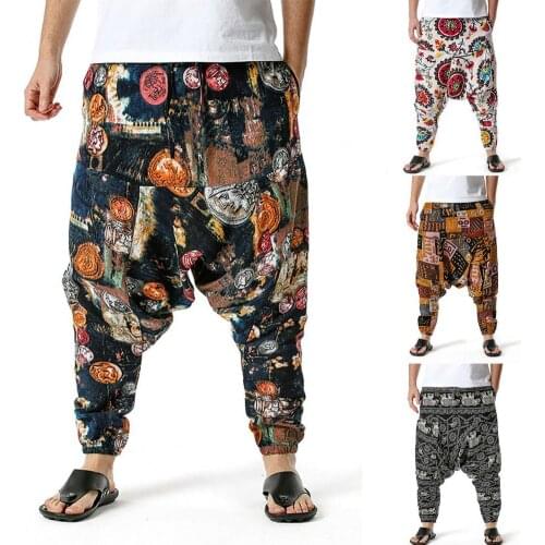 2021 New Men Pants Printed Drop Crotch Summer Multi Pockets Loose Trousers for Beach