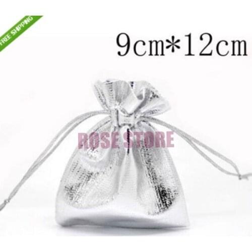 Wholesale 50pcs/lot Silver Plated Drawable Satin Gift Bag 9x12cm Small Wedding Christmas Jewelry Boutique Gift Packaging Bags