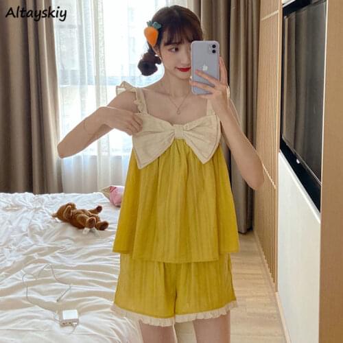 Pajama Sets Women Patchwork Sleeveless Bow Ulzzang Sleepwear Female Causal Cozy Loose Sweet Students Korean Style Mujer Simple