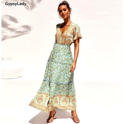 GypsyLady Green Floral Print Maxi Dress Boho Vintage Women Dresses Summer Ruffle V-Neck Sexy Batwing Sleeve Ladies Holiday Dress