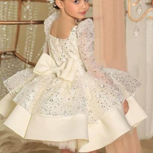 Ivory/Pink Sequined Flower Girl Dresses Long Sleeves Short Lilttle Kids Birthday Pageant Weddding Ball Gowns