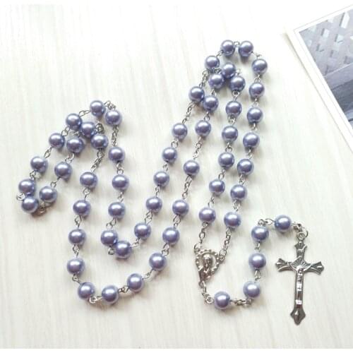 QIGO Purple Glass Pearl Rosary Necklace Alloy Jesus Cross Pendant Necklace Religious Pray Jewelry