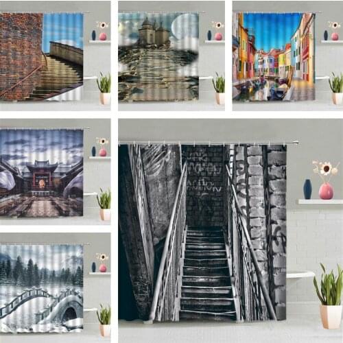Retro House Stairs Shower Curtain Vintage Street Bridge Architecture Scenery 3D Bathroom Decor Wall Hanging Curtains Bath Screen
