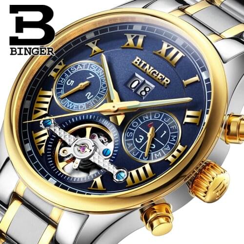 Switzerland BINGER Mens Watch Luxury Brand Tourbillon Sapphire Luminous Hand Multi-functions Mechanical Skeleton Clock B8602