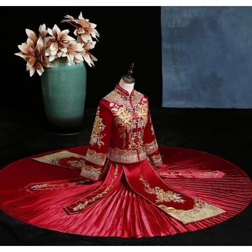 Toast Clothing Floral Embroidery Party Qipao Bride Cheongsam Chinese Wedding Evening Dress Traditional Costume