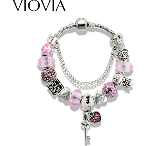 VIOVIA Super New Fashion Jewelry Classic Pink Heart Murano Glass Authentic Beads of Keys Fits Original Bracelets Bangles B15351