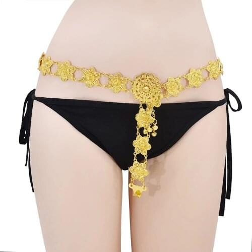 Ladies Golden Carved Flower Metal Belly Waist Chain Bohemian Indian Style Belly Dance Dance Belly Chain Body Piercing Jewelry