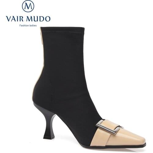 VAIR MUDO Women Ankle Boots Shoes Fashion High Heels Modern Boots Concise Metal Decoration Genuine Leather Pointed Toe WM-X68