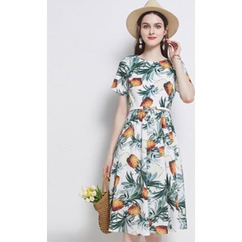 Women Elegant Pineapple Printed Beach Dress Runway Lady Hollow Out Bow Lace Up Short Sleeve Summer Fashion Sundress With Belt