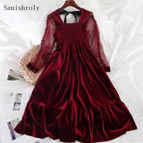 Sanishroly Spring Women Long Sleeve Long Dress Sexy Mesh Patchwork Velvet Dresses Female Tie Bow Backless Dress Vestidos SE889