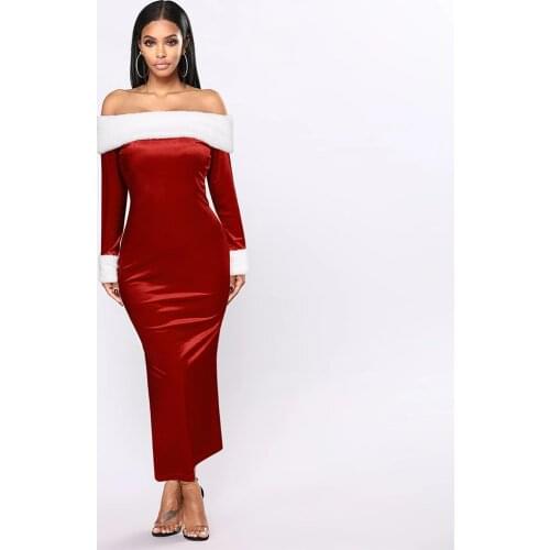Women Long Sleeve Slash Neck Christmas Plush Evening Dress Slim Long Wrap Party Dresses Off Shoulder Xmas Winter Red Vestidos