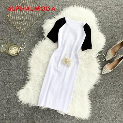 ALPHALMODA 2019 Summer Womens Brief Patchwork Sleeve Knitted Pullover Dress Short-sleeved Slim Ladies Stretchy Sheath Vestidos