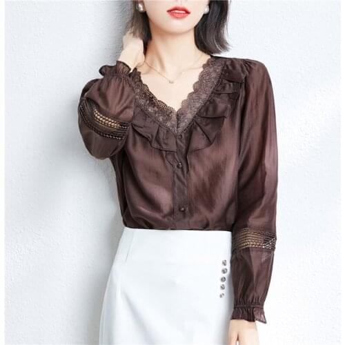 2021 Women Lace Patchwork OL Bloues Plus Size Hollow Out Blouses Long Sleeve Ropa Mujer Solid Blusas Spring Sexy Top Tees 1143