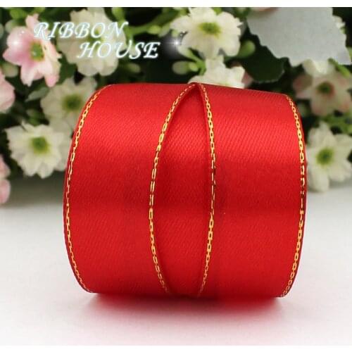 25 yards/lot) 3/4'' (20mm) satin ribbons red gold edge ribbon wholesale high quality gift packaging ribbons