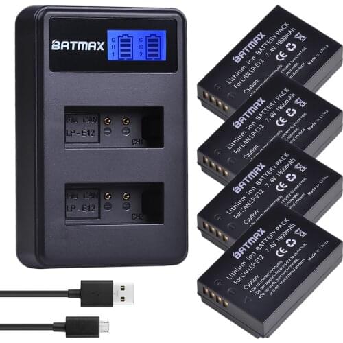 Batmax 4PCS 1800mAh LPE12 LP-E12 LP E12 Camera Battery + LCD Dual USB Charger for Canon EOS M M2 M100 100D Kiss X7 Rebel SL1