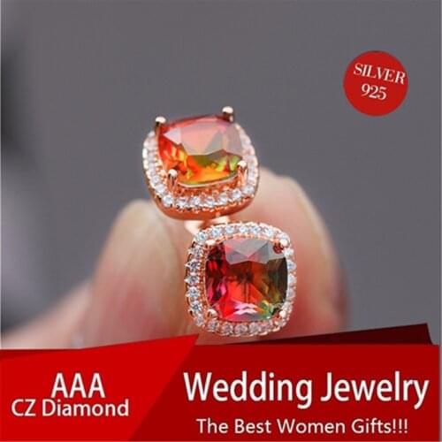 Blaike Cute Princess Cut Rainbow Zircon Stud Earrings for Women Exquisite White Gold Filled Wedding Jewelry Birthday Gifts