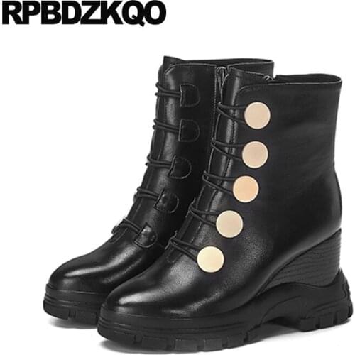 Booties Front Lace Up Casual Ankle Boots Autumn High Heel Wedge Black Embellished Women 2021 Shoes Platform Fur Brand Short