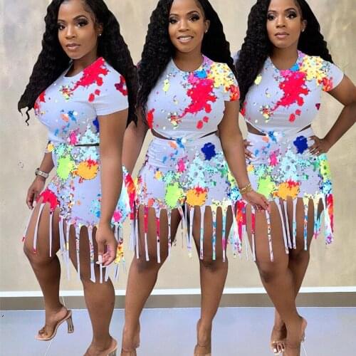 Splash Ink 2 Piece Set Short Sleeve T Shirt Tops for Women Tassel Shorts Summer Vacation Outfits Sexy Club Matching Sets