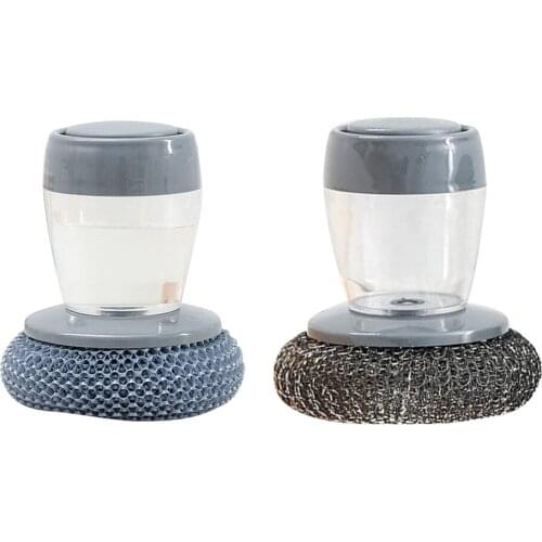 Cleaning Brush Soap Dispenser Scrub Liquid Storage Tank Steel Wire Ball Dish Pot Cleaning Scrubber Dishwashing Brush for Kitchen