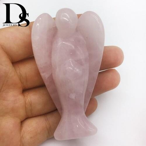 DS 70mm Natural Rose Quartz Angel Figurines Healing Crystal Carved Gemstone Statue Lucky Engel Christmas Home Decoration Gift