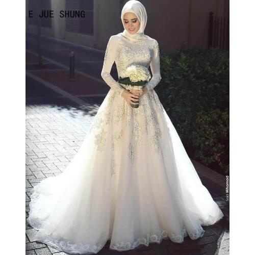 E JUE SHUNG Elegant Long Sleeve Muslim Wedding Dresses High Neck Zipper Back Lace Appliques robe de mariee Islamic Bridal Gowns
