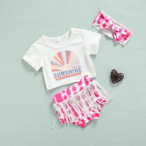 FOCUSNORM 3pcs Baby Girls Lovely Clothes Sets Sunshine Letter Printed Short Sleeve T Shirts Tie-Dye Tassel Shorts Headband