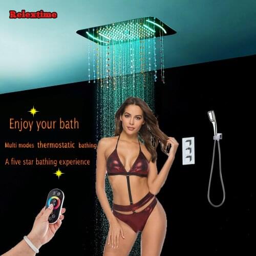 Crystal Quartz Nozzle Glow LED Ceiling Shower Head Thermostatic Concealed Bathroom Multifunction Shower Set Faucet Waterfall