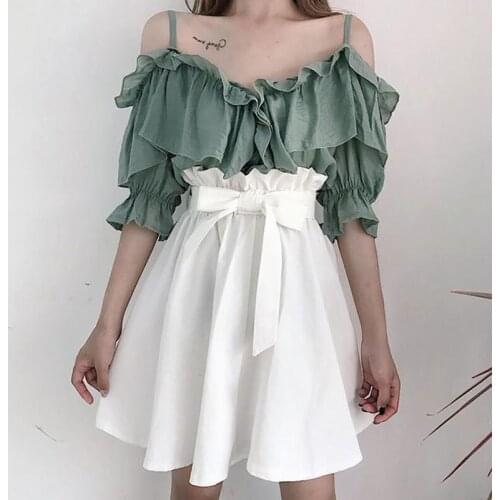 .Harajuku suit pure desire two-piece solid color ruffled off-shoulder top + strap high waist flower bud skirt suit y2k tops